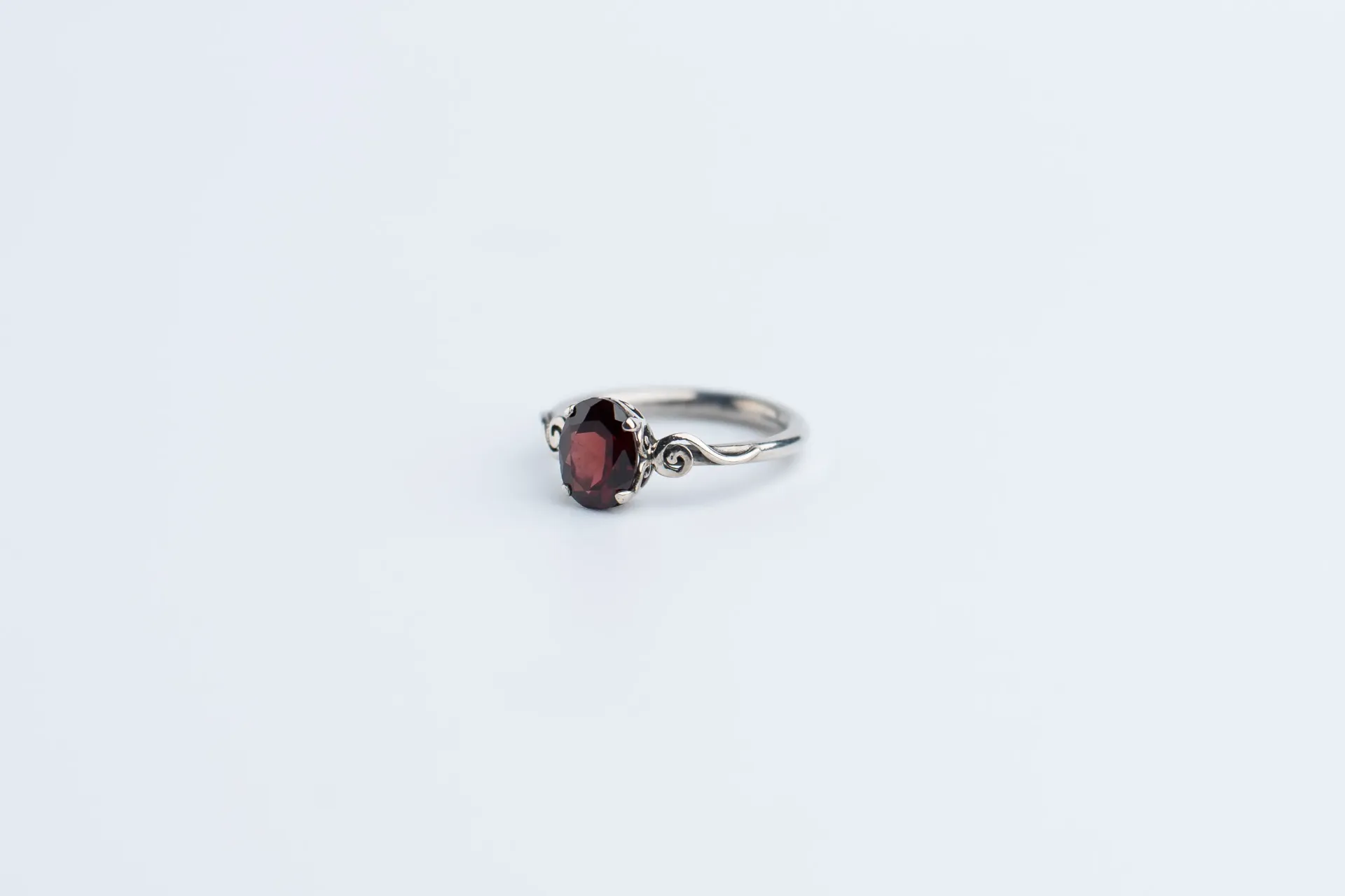 Garnet Sterling Silver Ring, Handcrafted Jewelry, Scroll Detail Design, Faceted Garnet Gemstone