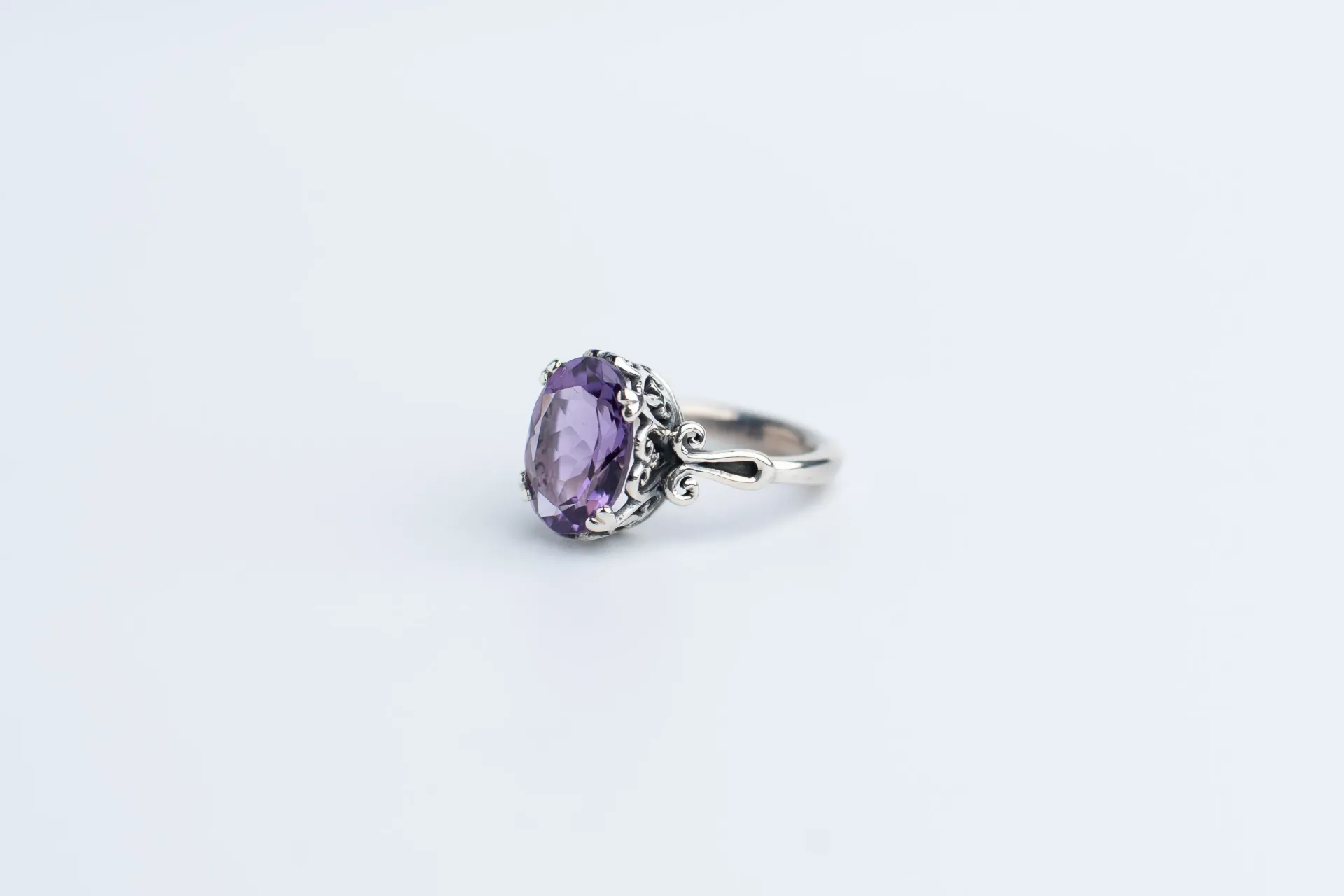 Amethyst Sterling Silver Ring, Handcrafted Jewelry, Delicate Scrollwork Design, Faceted Oval Amethyst Gemstone