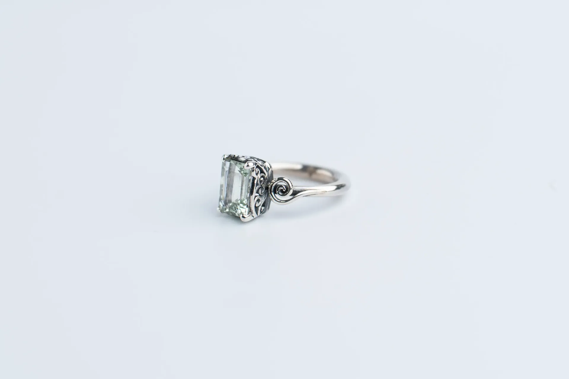 Aquamarine Sterling Silver Ring, Handcrafted Jewelry, Scrollwork Design, Faceted Gemstone