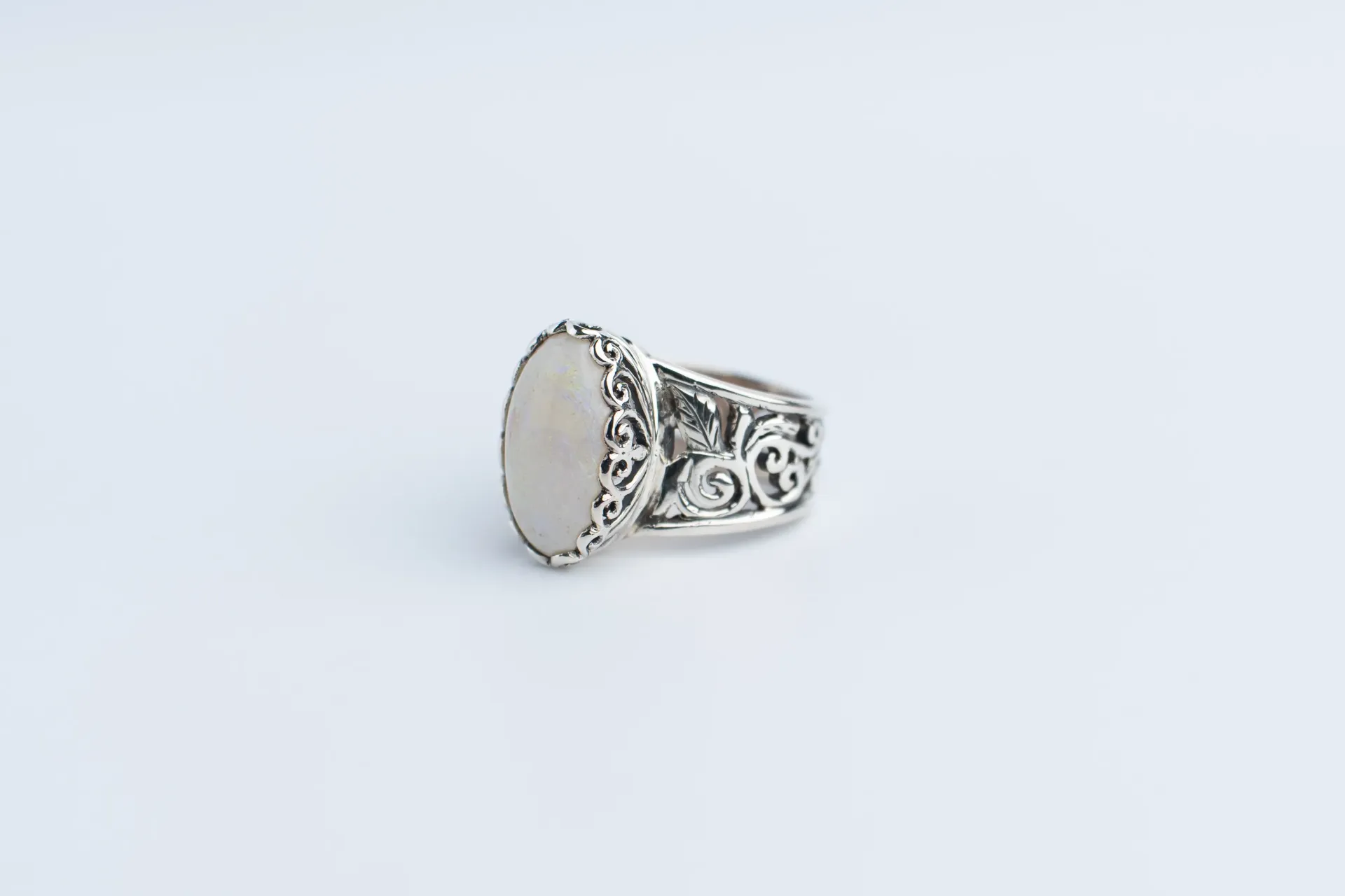 Handcrafted Sterling Silver Ring, Australian White Opal, Intricate Scrollwork Design