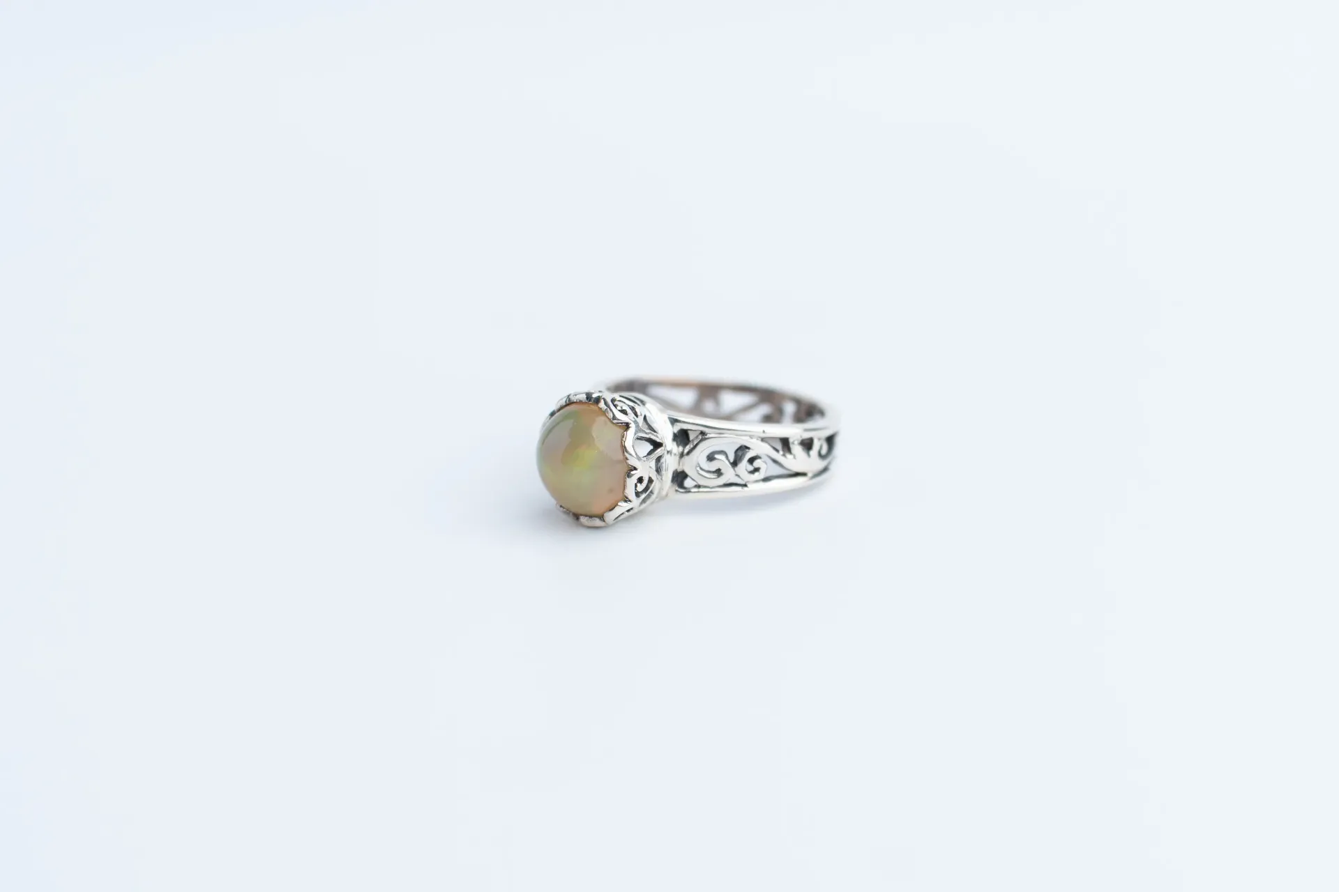 Ethiopian Opal Sterling Silver Ring, Handcrafted Jewelry, Intricate Scrollwork Design , Cabochon Opal