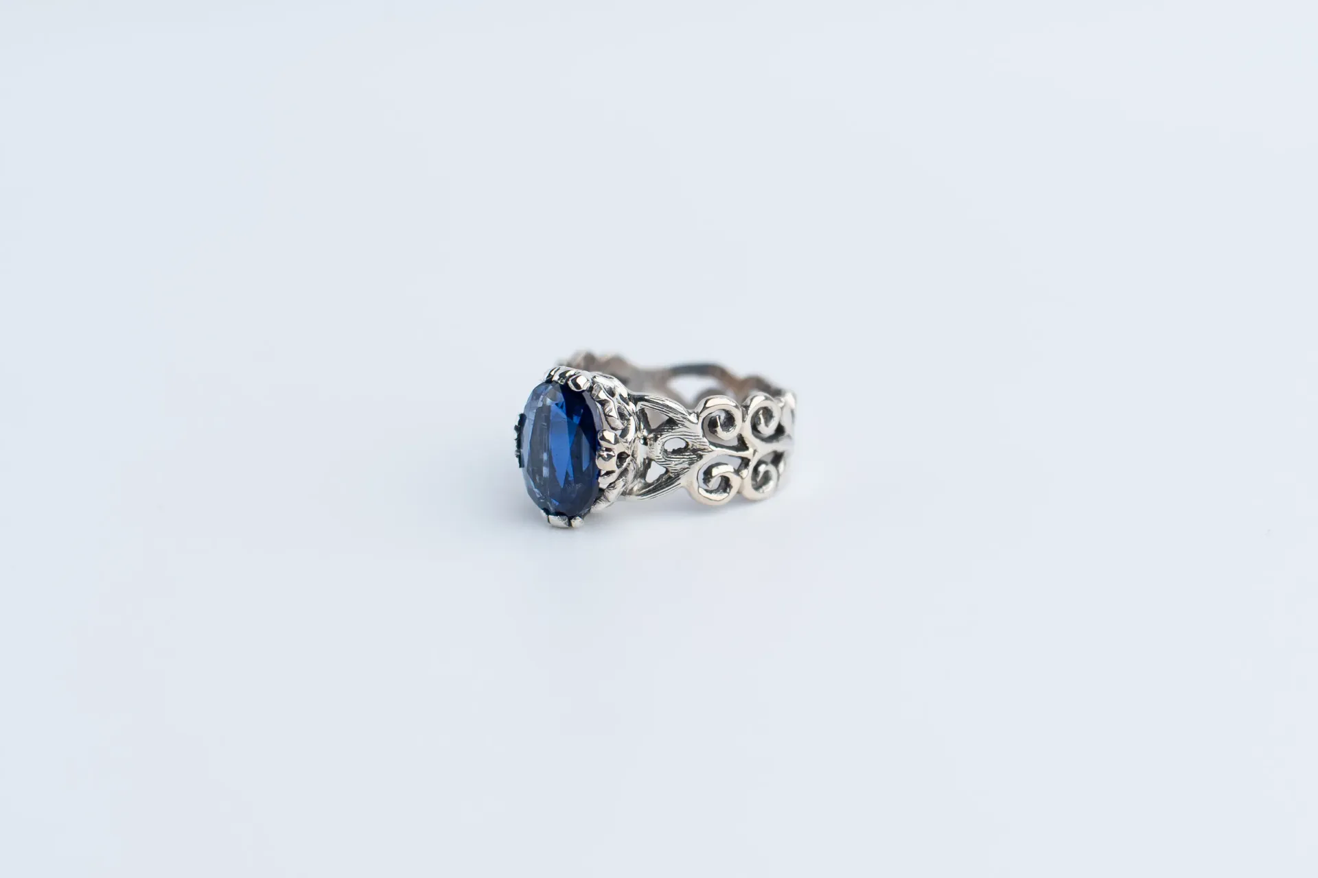 Kyanite Sterling Silver Ring, Handcrafted Jewelry, Delicate Scrollwork Design, Faceted Kyanite Gemstone