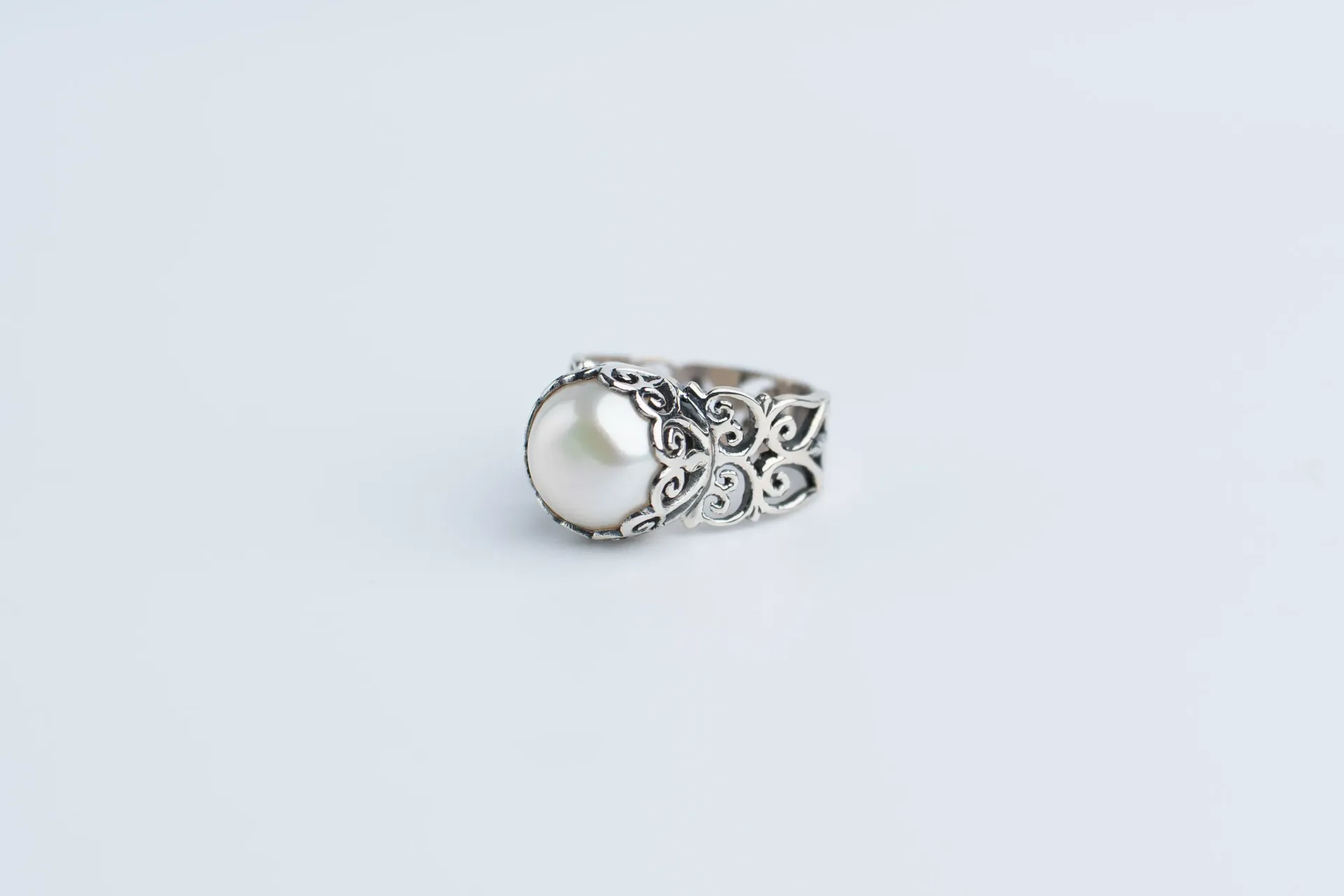 Pearl Sterling Silver Ring, Handcrafted Jewelry, Vintage Delicate Scrollwork Design, Freshwater Natural Pearl