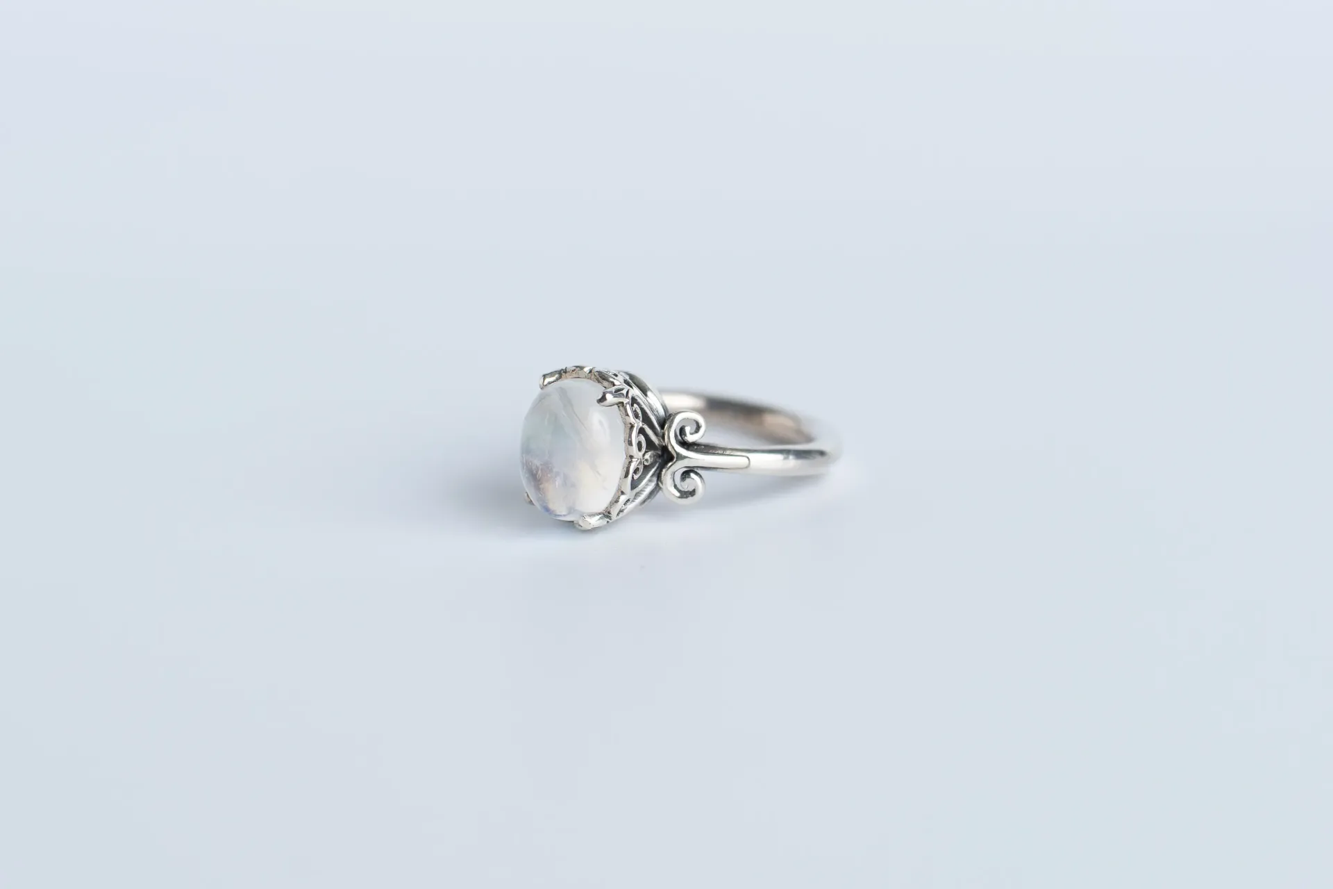 Moonstone Sterling Silver Ring, Handcrafted Jewelry, Delicate Scroll work Design, Cabochon Moonstone