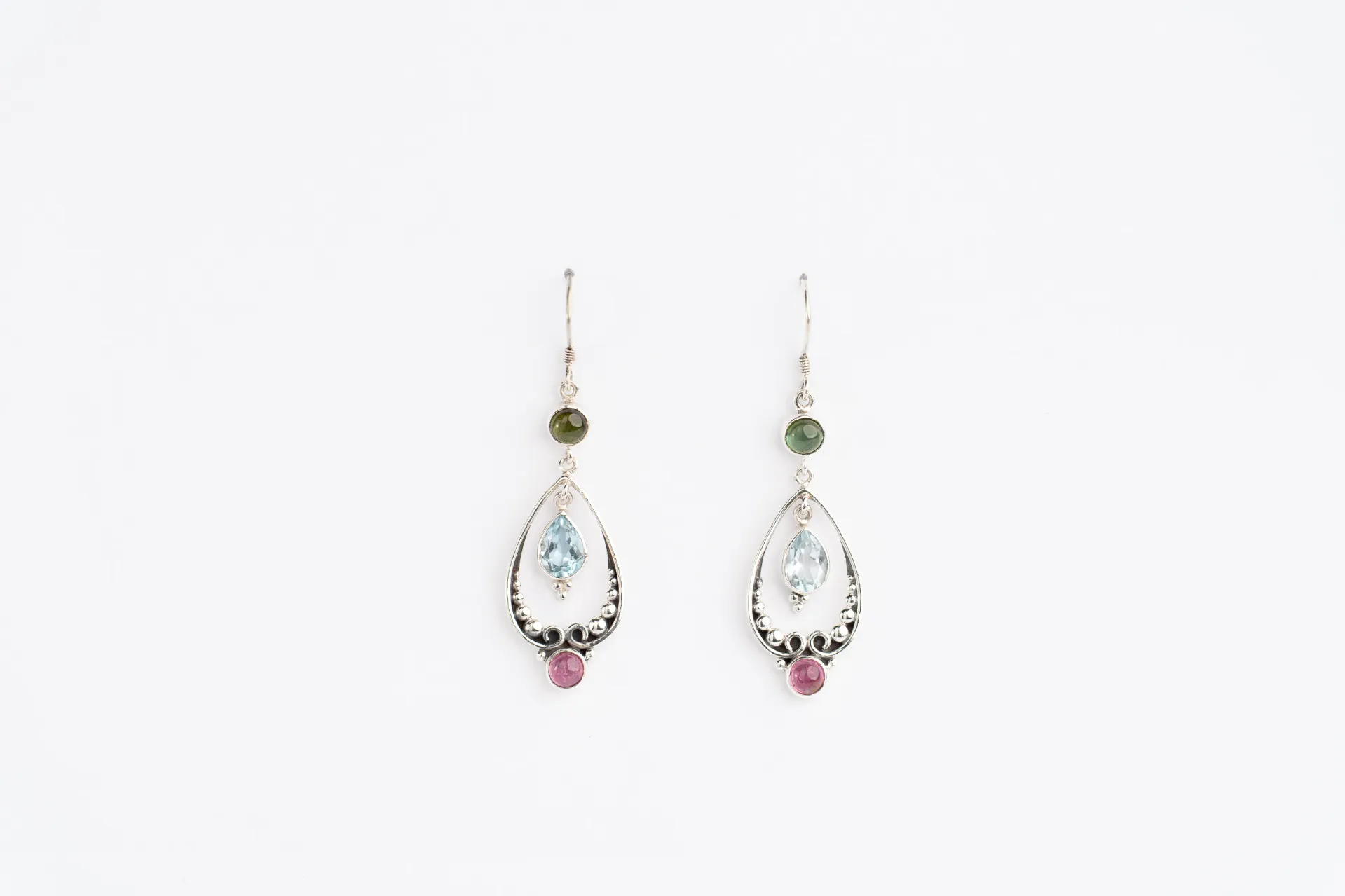 Handcrafted Sterling Silver Dangle Earrings, Green Pink Tourmaline, Blue Topaz, Boho Design