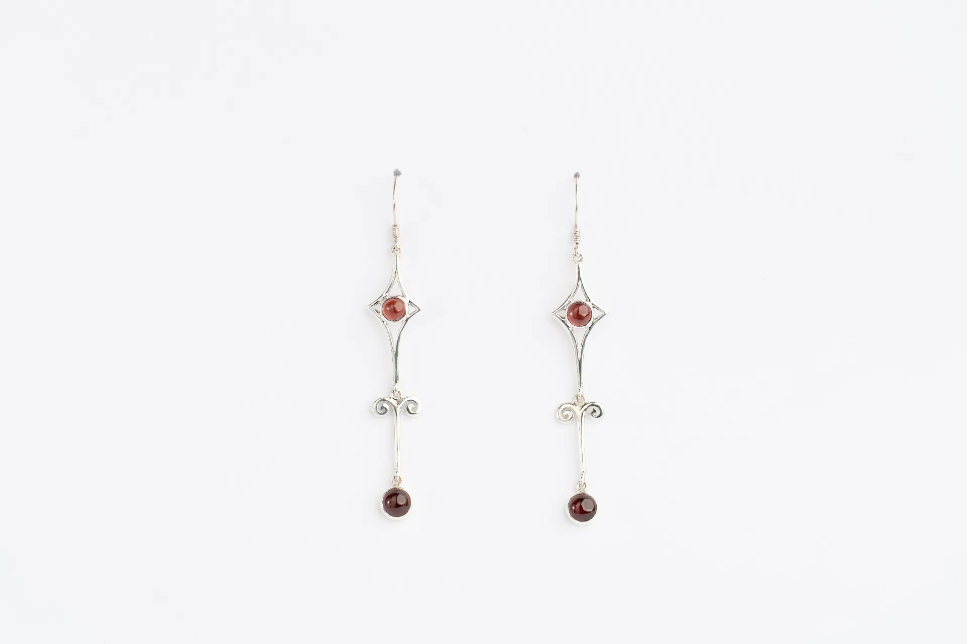 Garnet Handcrafted Silver Earring, Cabochon Red Gemstones, Vintage Inspired Boho Design Earring
