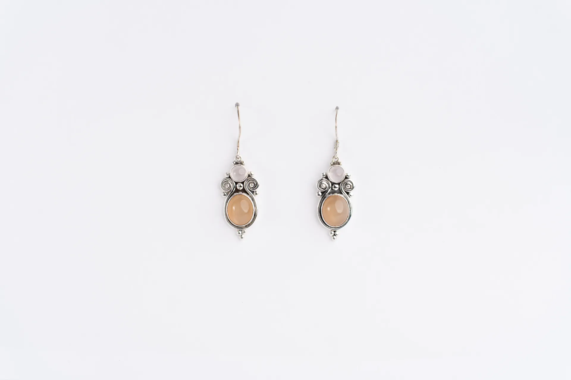 Rose Quartz and Moonstone Handcrafted Sterling Silver Earrings, Peach & Rose Gemstones, Boho Scrollwork Design