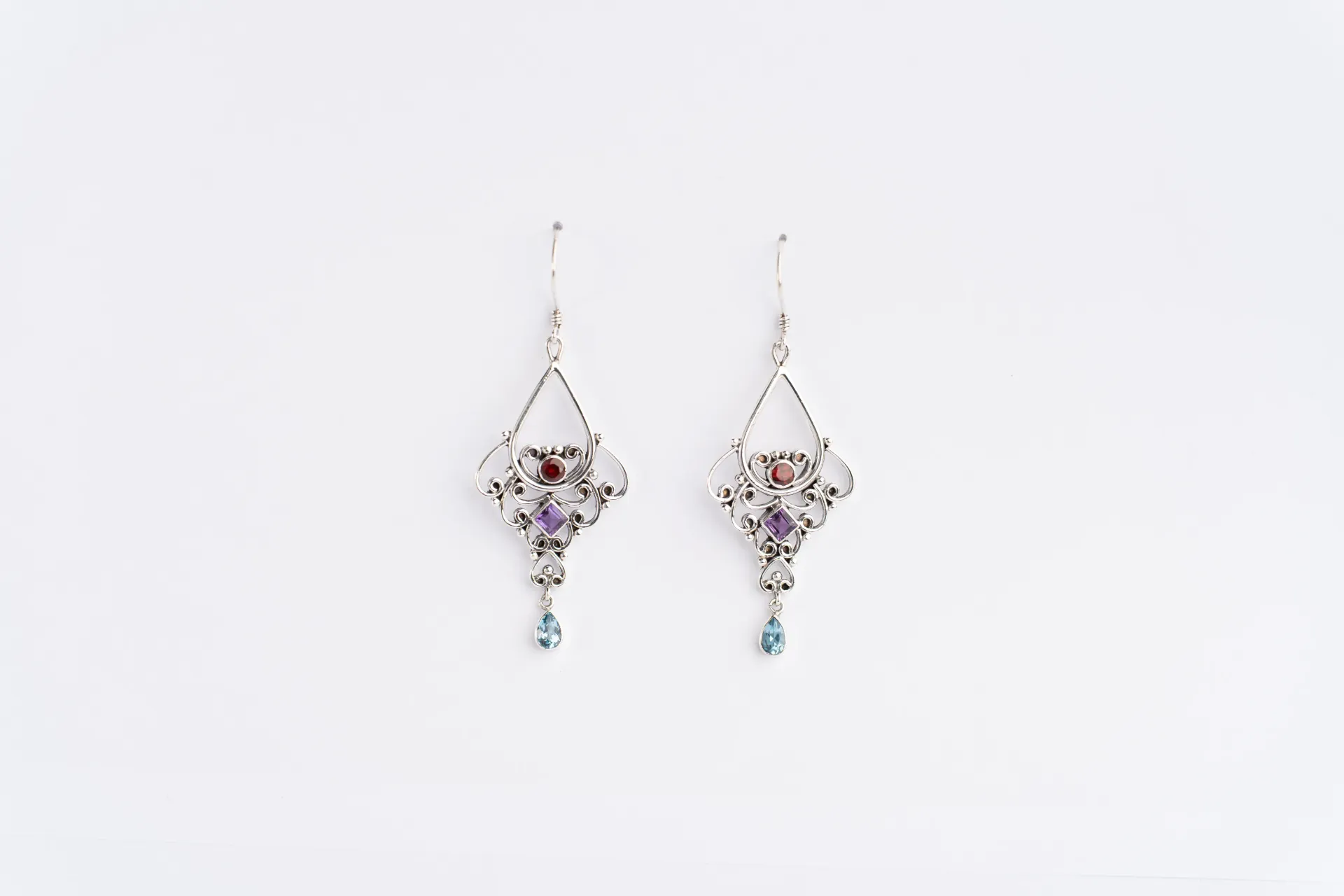 Garnet, Amethyst, Blue Topaz Handcrafted Sterling Silver Earring, Faceted Gemstones, Vintage Inspired Boho Design Earring