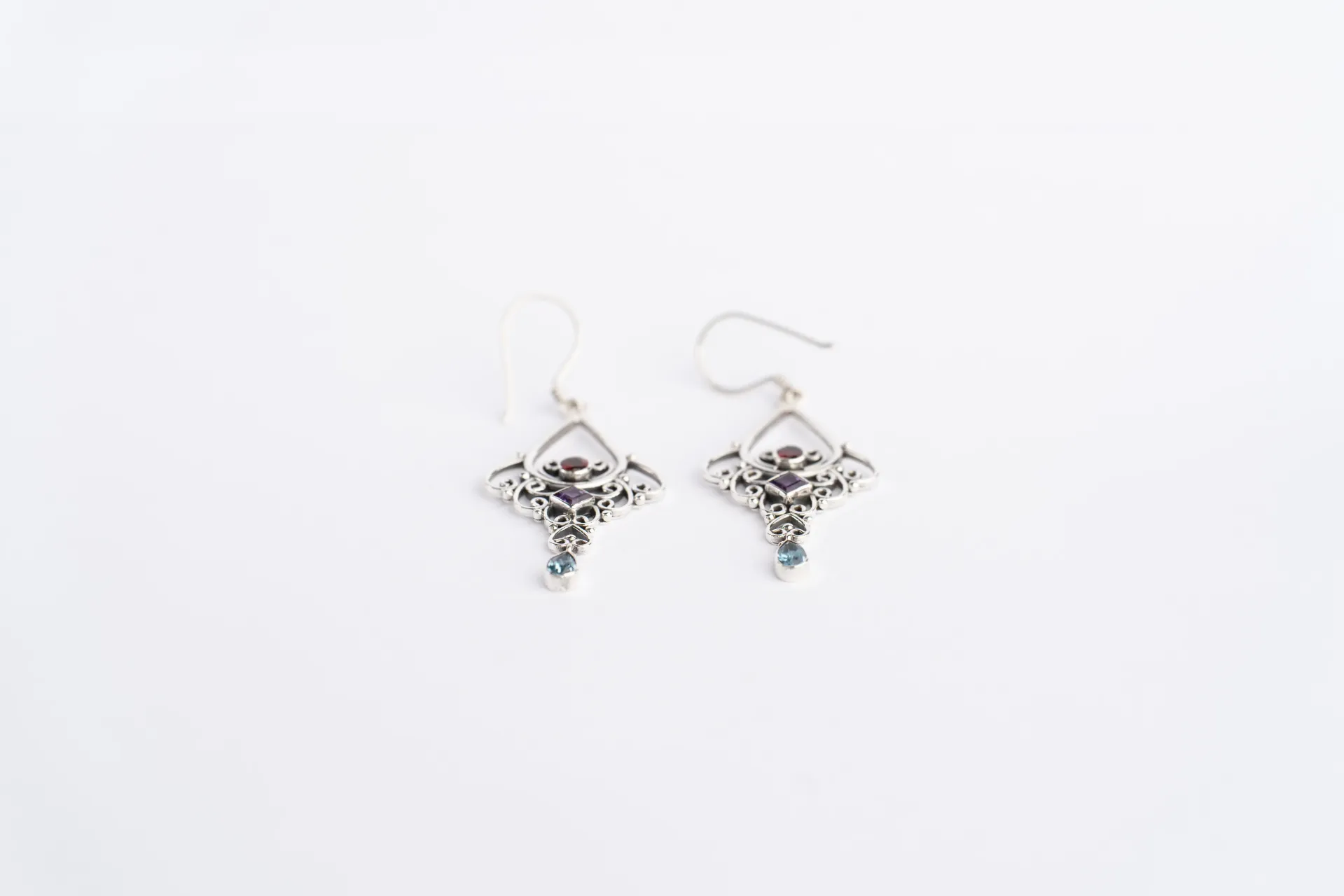 Garnet, Amethyst, Blue Topaz Handcrafted Sterling Silver Earring, Faceted Gemstones, Vintage Inspired Boho Design Earring