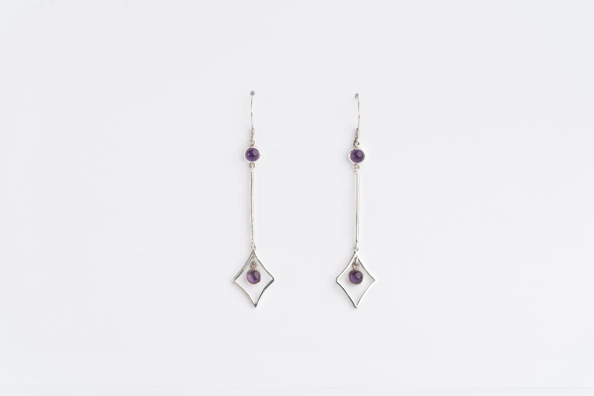 Amethyst Handcrafted Silver Earring, Cabochon Gemstone, Antique Inspired Geometric Design Earring
