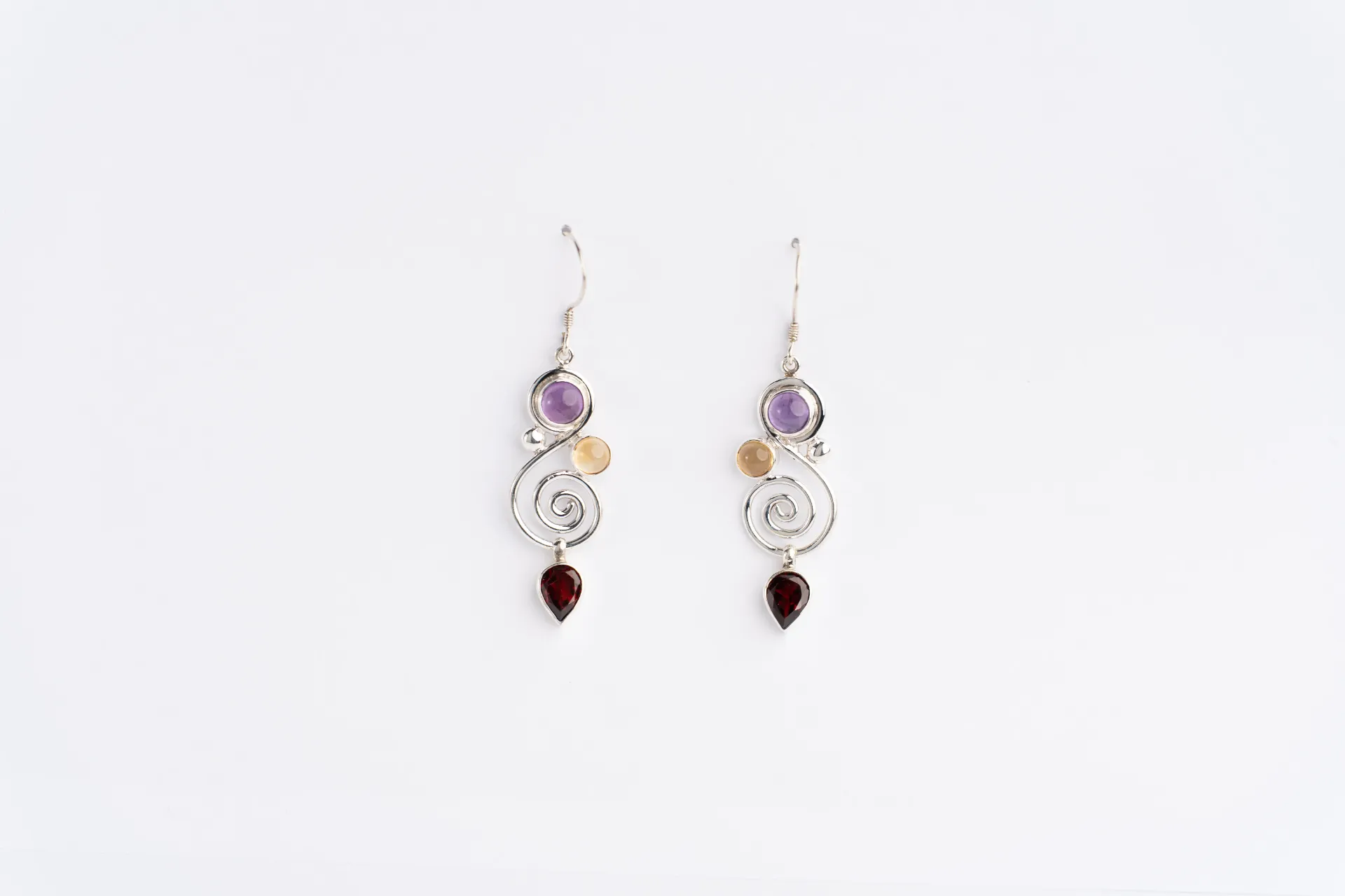 Handcrafted Sterling Silver Earrings, Amethyst Citrine Garnet Spiral Design, Boho Artisan Jewelry